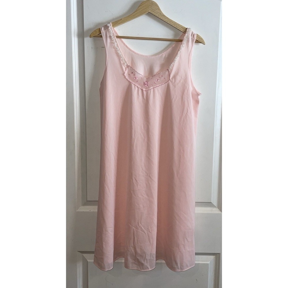 Vintage Lorraine Pink Nylon Floral Lace Sleeveless Nightgown Sz Medium